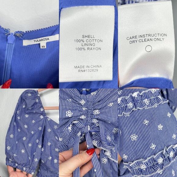 Tularosa Belen Navy White Puff Sleeve Floral Eyelet Mini Babydoll Dress XS - Picture 12 of 14